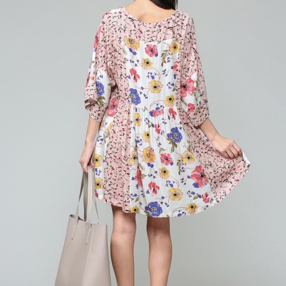 NWT Boho Mixed Floral Print Babydoll  Lace Mini Dress Patch Ivory Blush Summer - Picture 7 of 16